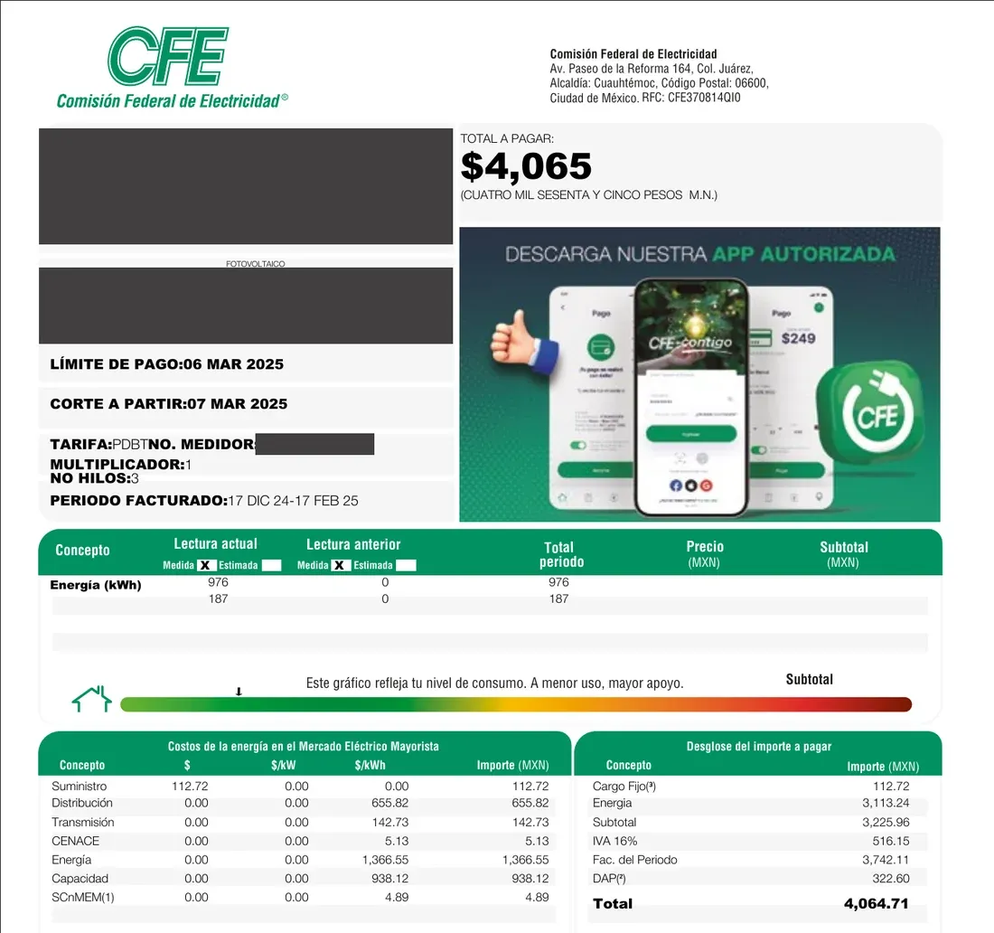 Recibos de CFE de un negocio en Melchor Ocampo, antes y después de instalar paneles solares (después)
