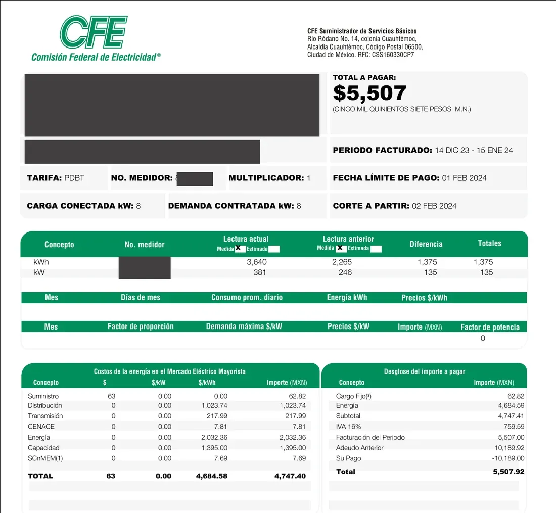 Recibos de CFE de un negocio en Gustavo A. Madero, antes y después de instalar paneles solares (antes)