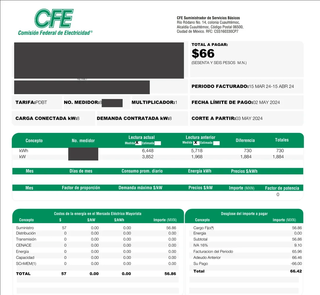 Recibos de CFE de un negocio en Gustavo A. Madero, antes y después de instalar paneles solares (después)
